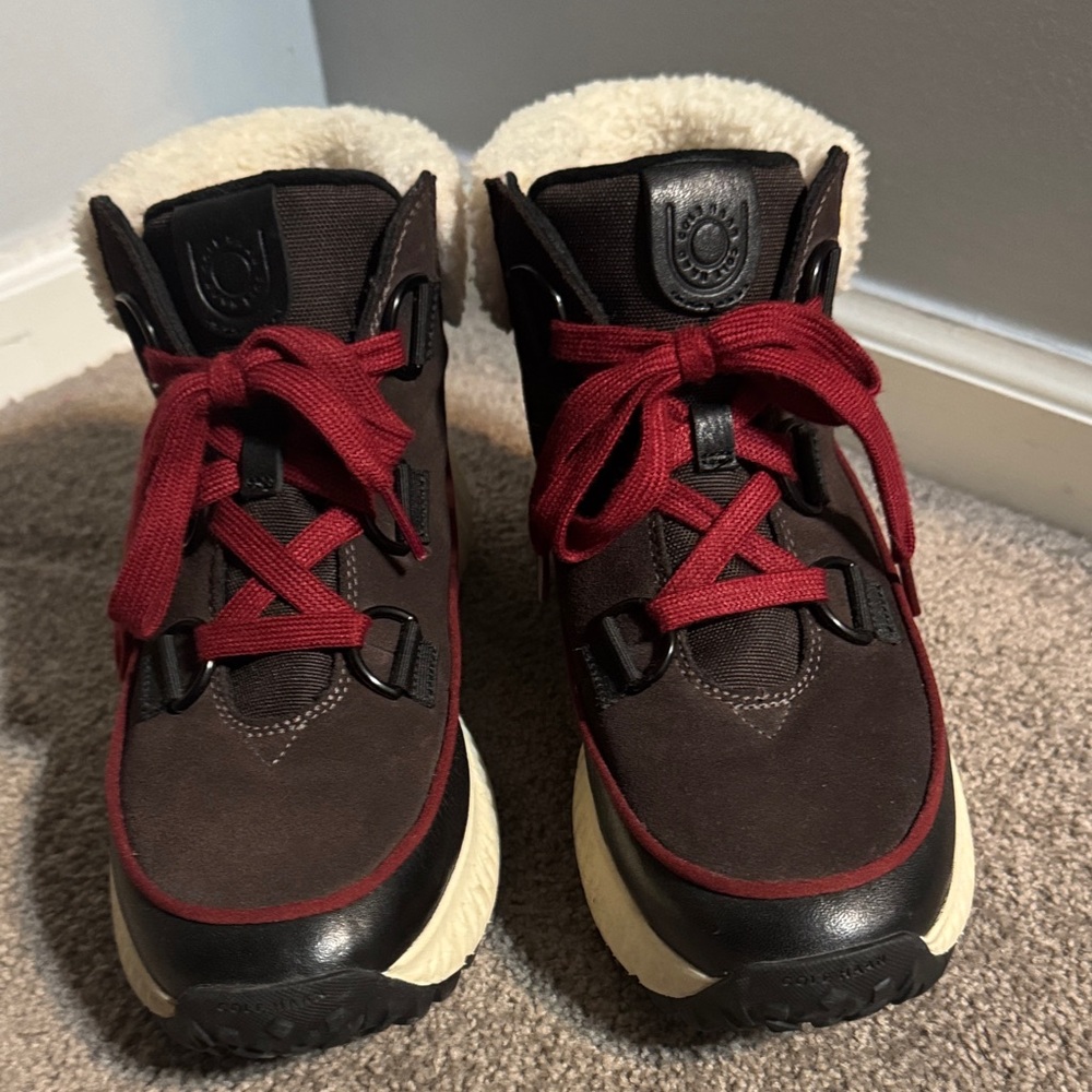 Cole Haan Women's Zerogrand Burgundy and White Shearling-Trim Winter Boots